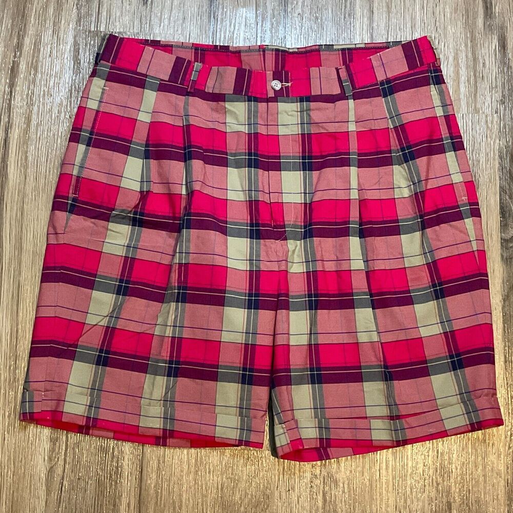 Cross Creek Shorts Plaid Cuffed Pleated Pink Khaki Size 40 Made In USA EUC‎